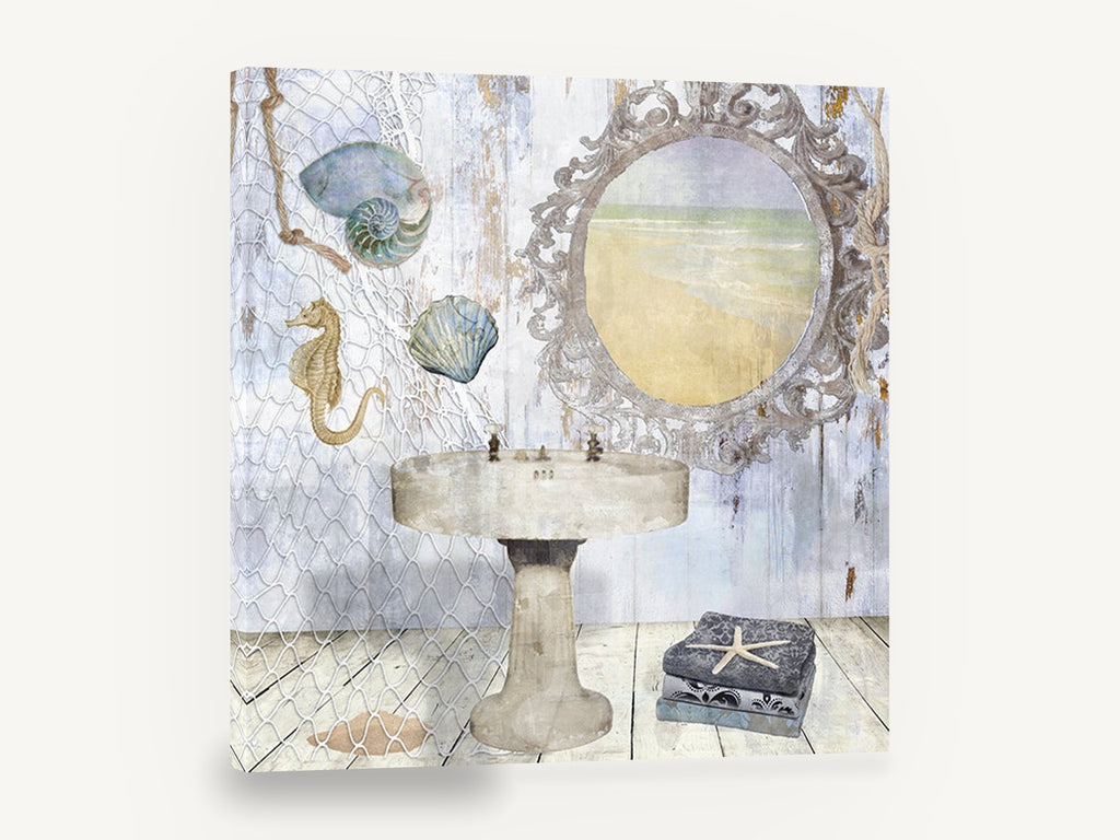 Seaside Washstand Mirror, coastal bathroom sink mirror collage, coastal canvas wall art print ready to hang