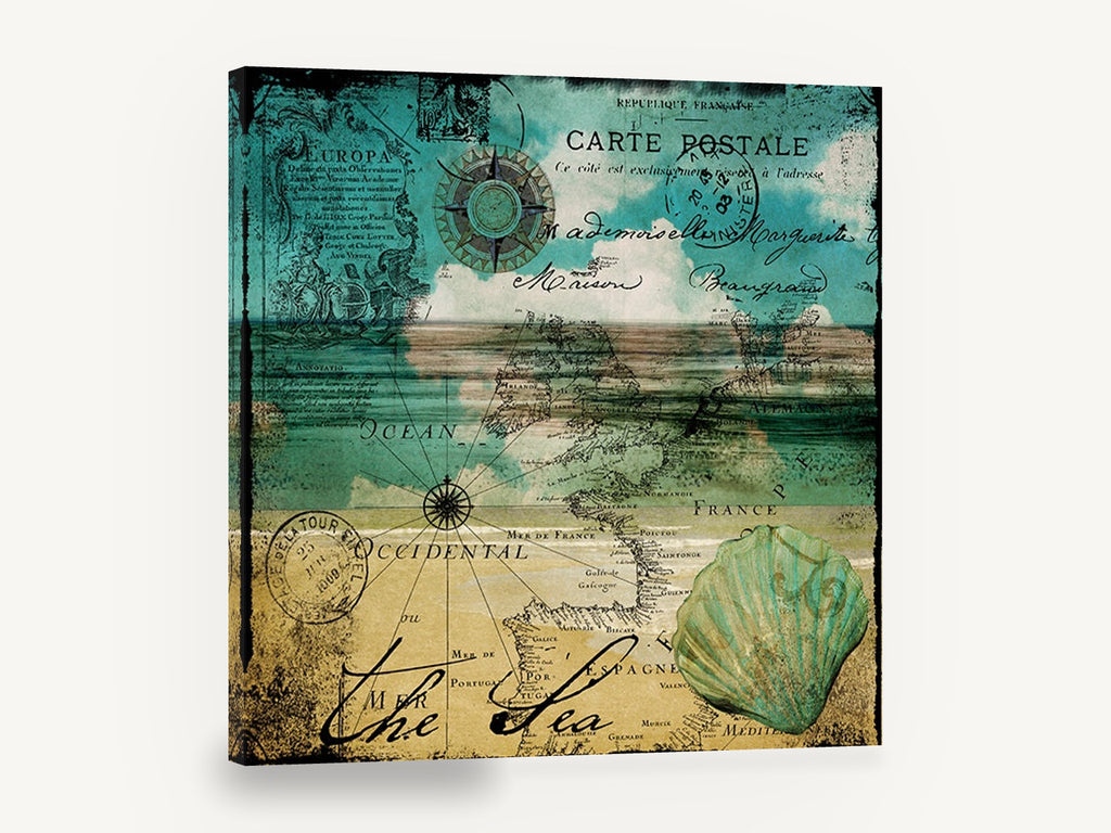 Postcard Sea Chart, vintage postcard map seashell collage, coastal canvas wall art print ready to hang