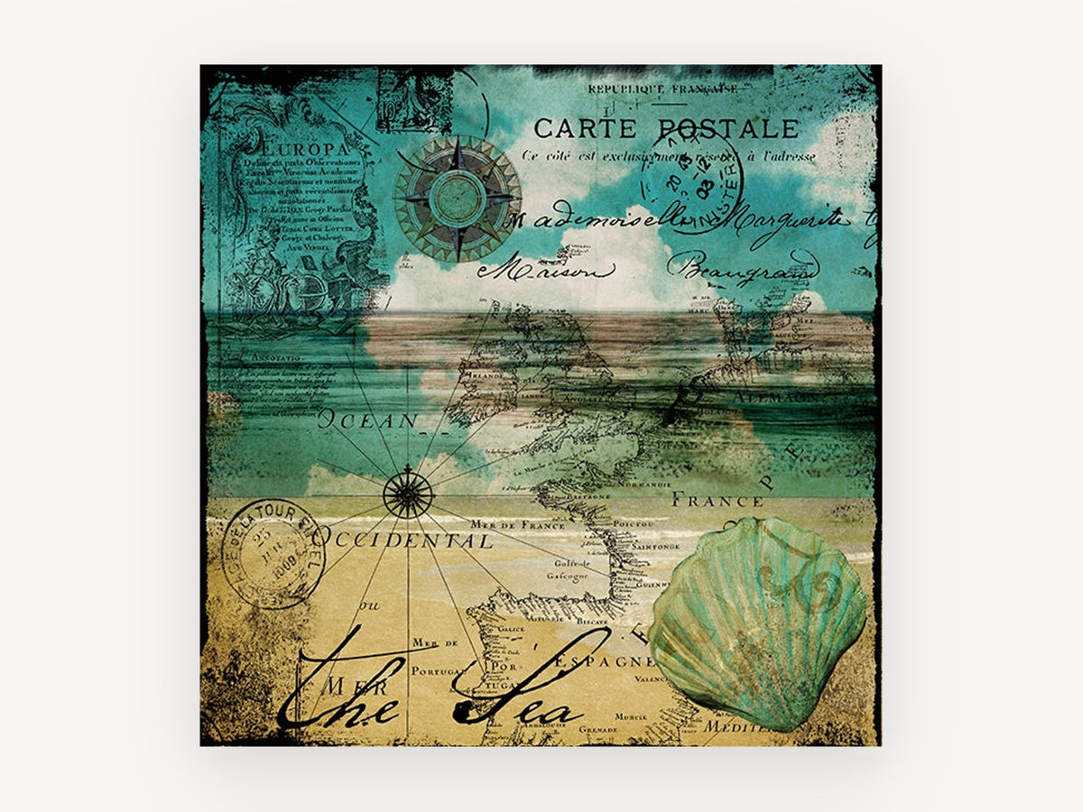 Postcard Sea Chart, coastal canvas wall art print, front view