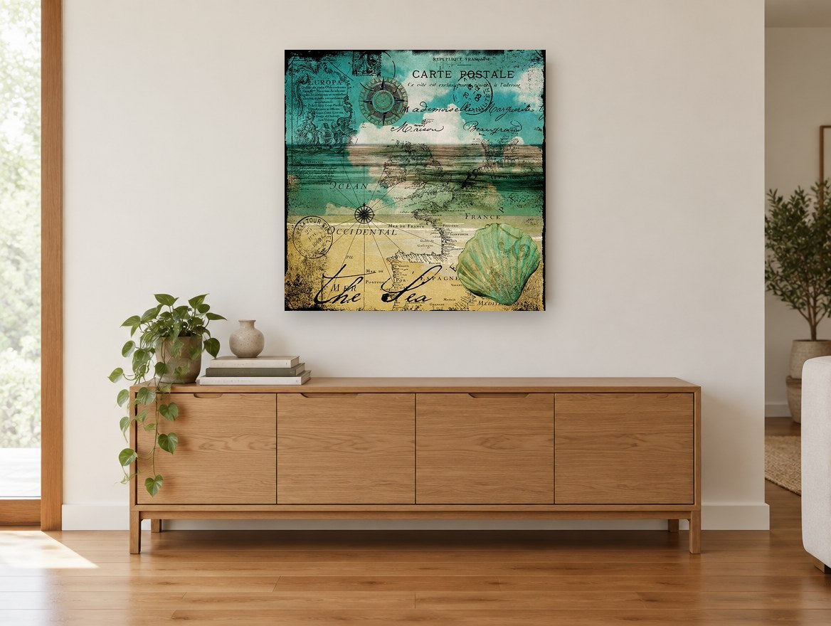 Postcard Sea Chart coastal canvas print on the wall of a living room above a sideboard