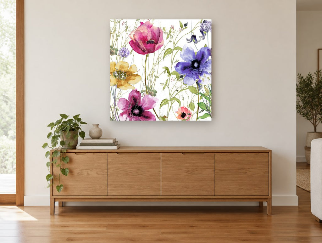 Wildflower Meadow Bloom floral canvas print on the wall of a living room above a sideboard