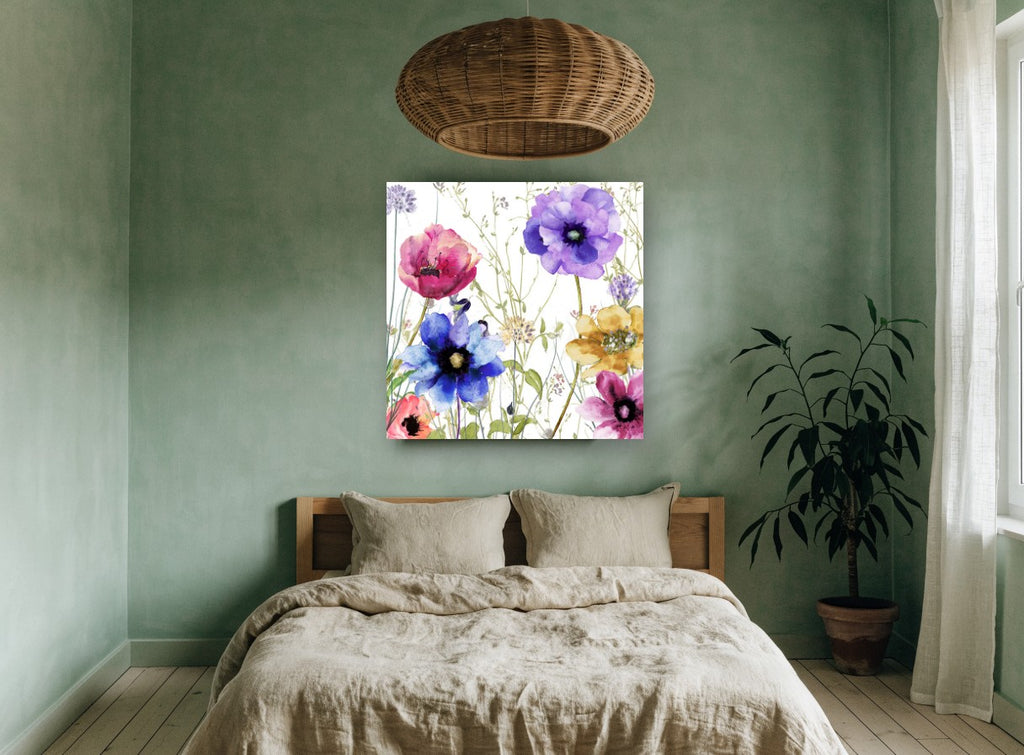 Meadow Anemone Garden floral canvas print on the wall of a bedroom