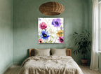 Meadow Anemone Garden floral canvas print on the wall of a bedroom