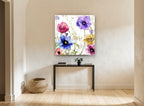 Meadow Anemone Garden floral canvas print on the wall of a hallway