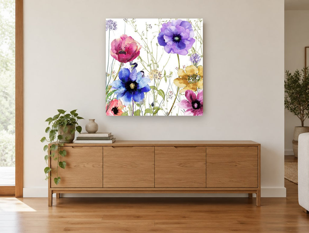 Meadow Anemone Garden floral canvas print on the wall of a living room above a sideboard