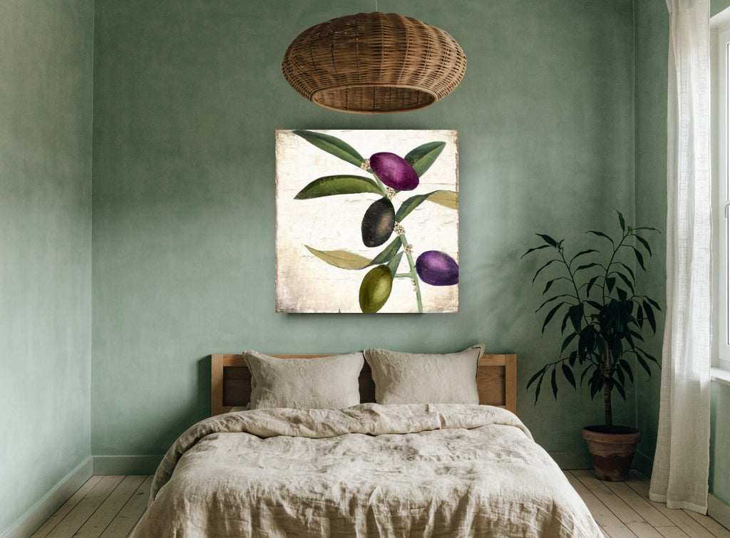 Plum and Olive Sprig floral canvas print on the wall of a bedroom