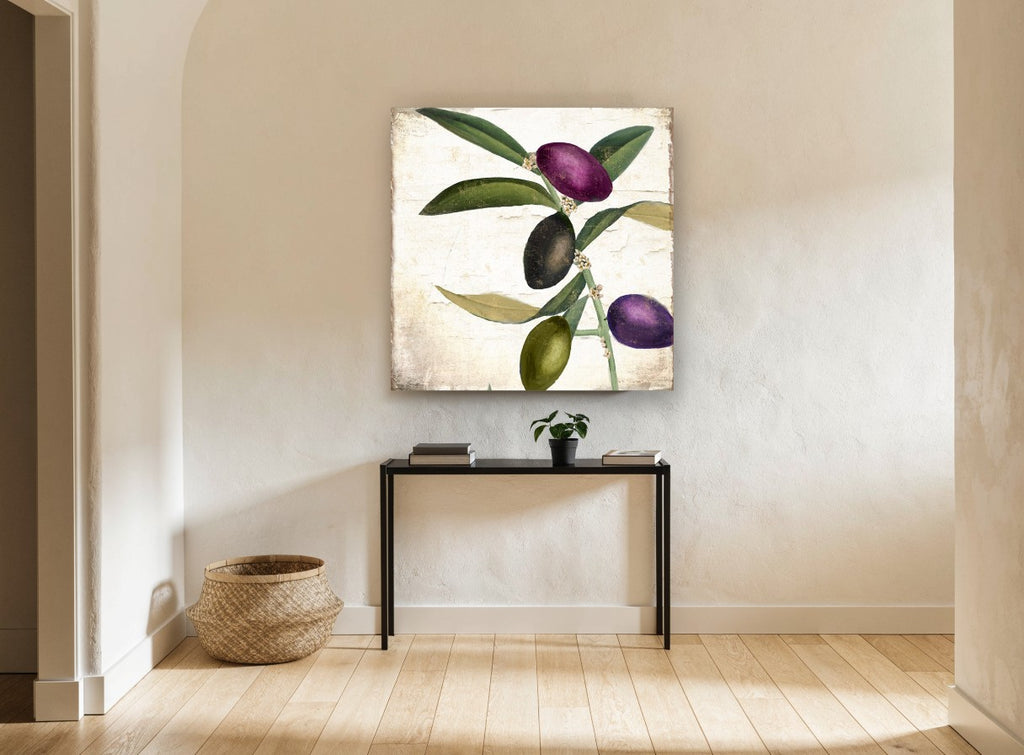 Plum and Olive Sprig floral canvas print on the wall of a hallway