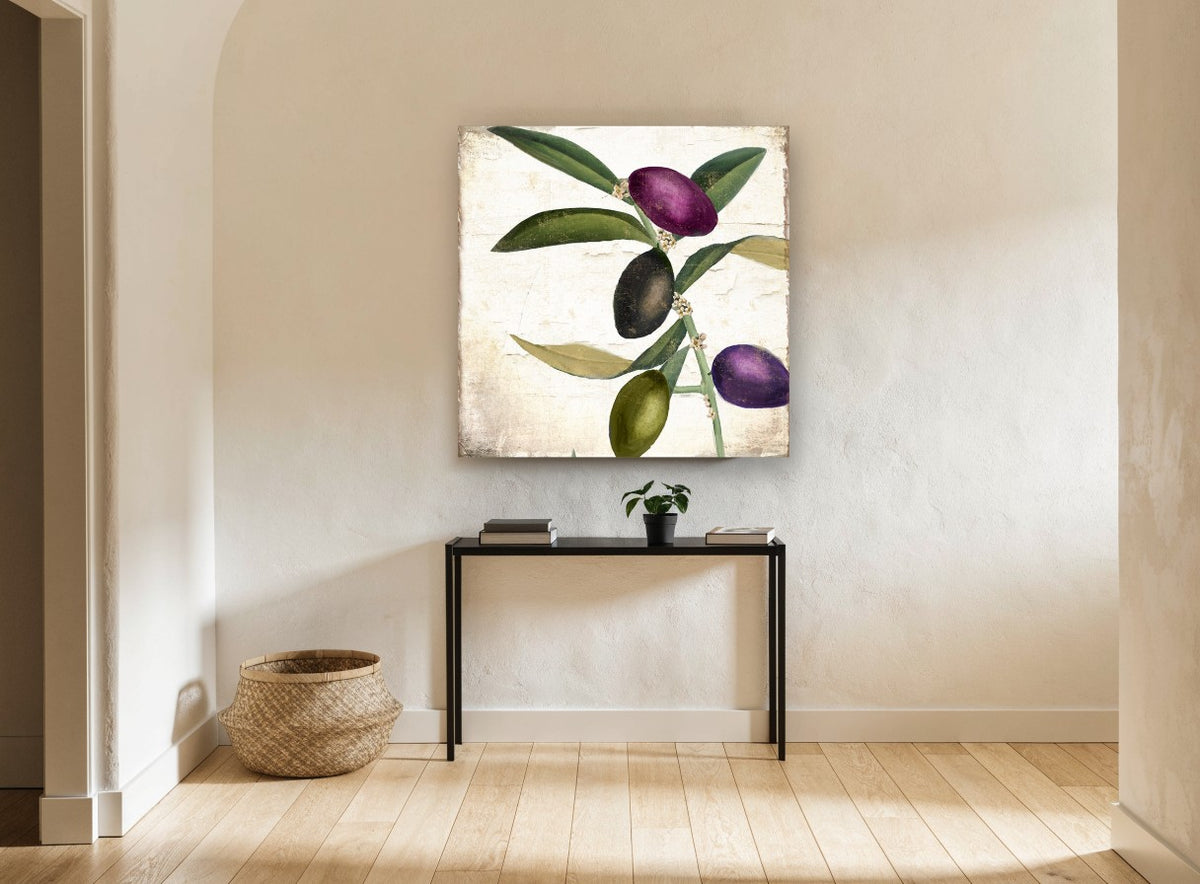 Plum and Olive Sprig floral canvas print on the wall of a hallway