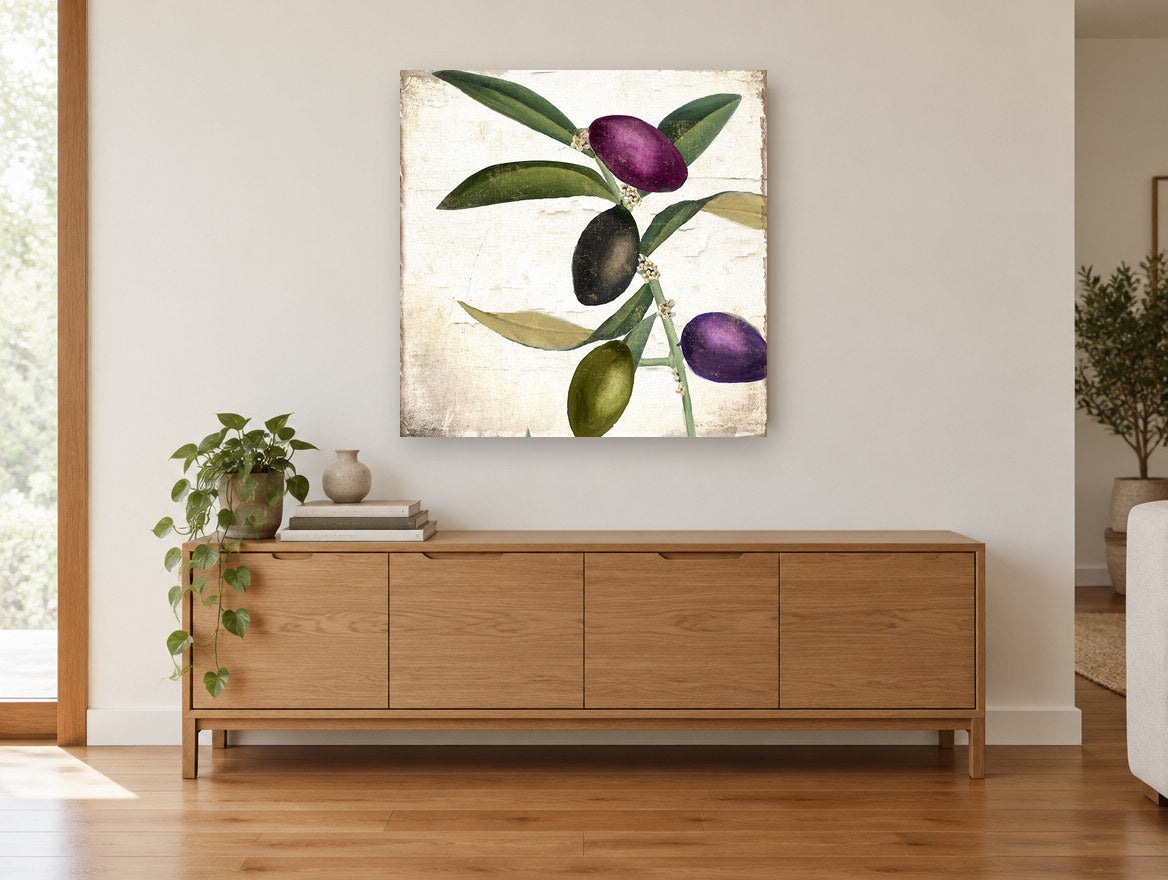 Plum and Olive Sprig floral canvas print on the wall of a living room above a sideboard
