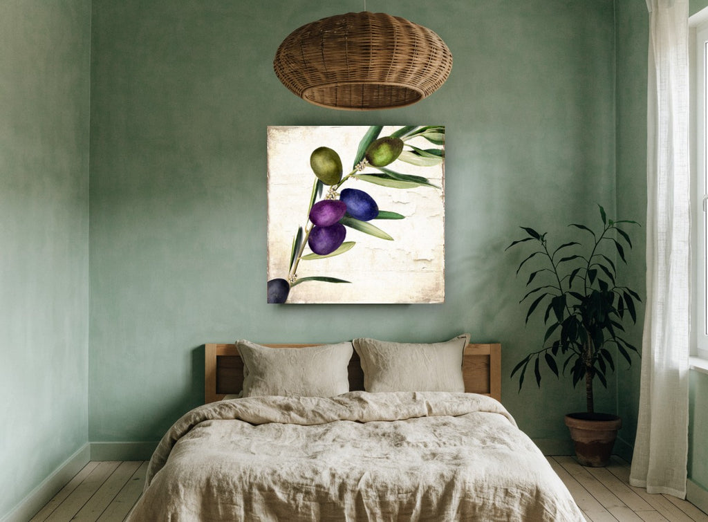 Purple Olive Sprig floral canvas print on the wall of a bedroom