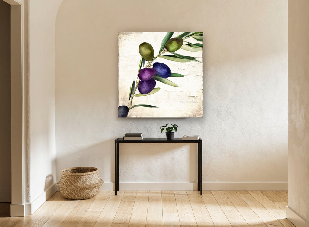 Purple Olive Sprig floral canvas print on the wall of a hallway