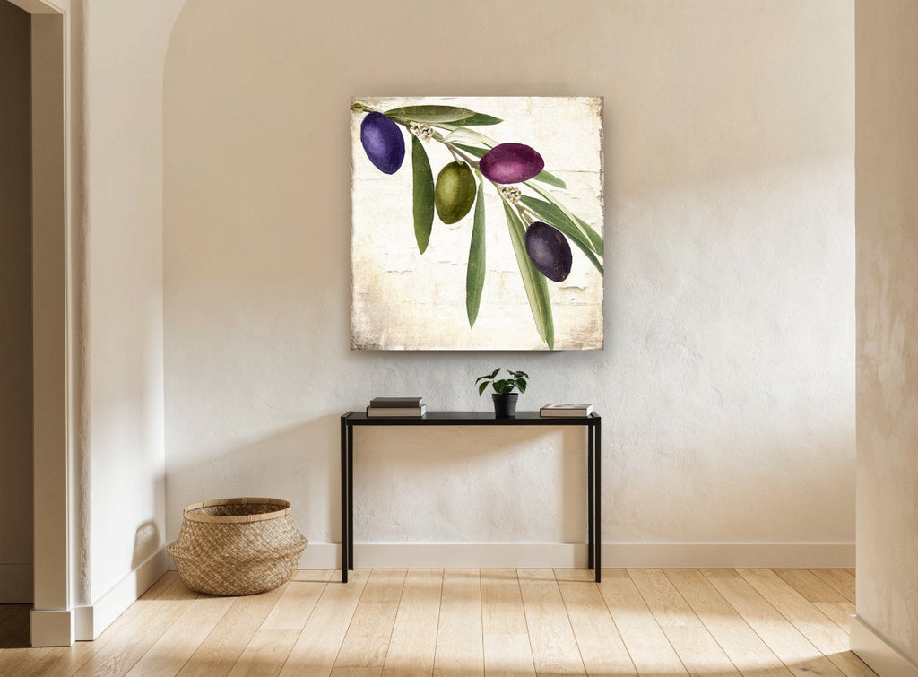 Olive Branch Trio floral canvas print on the wall of a hallway