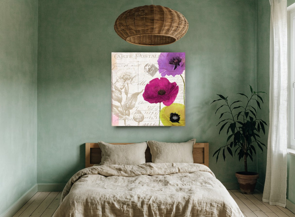 Poppy Love Notes vintage canvas print on the wall of a bedroom