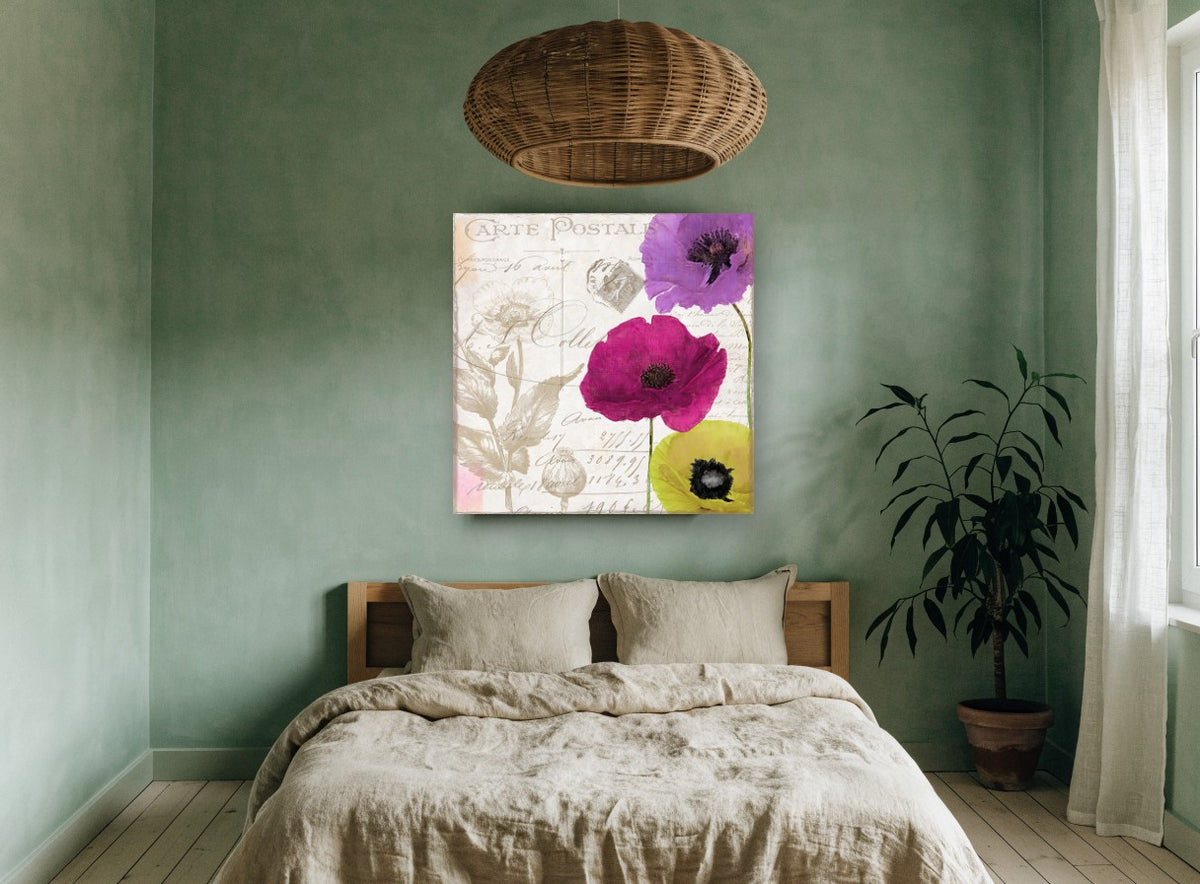 Poppy Love Notes vintage canvas print on the wall of a bedroom