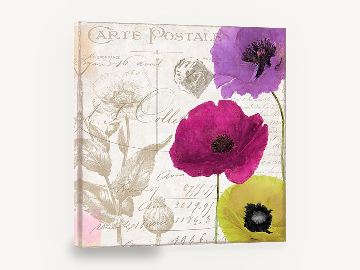 Poppy Love Notes, vintage poppy carte postale floral, stretched canvas wall art print ready to hang
