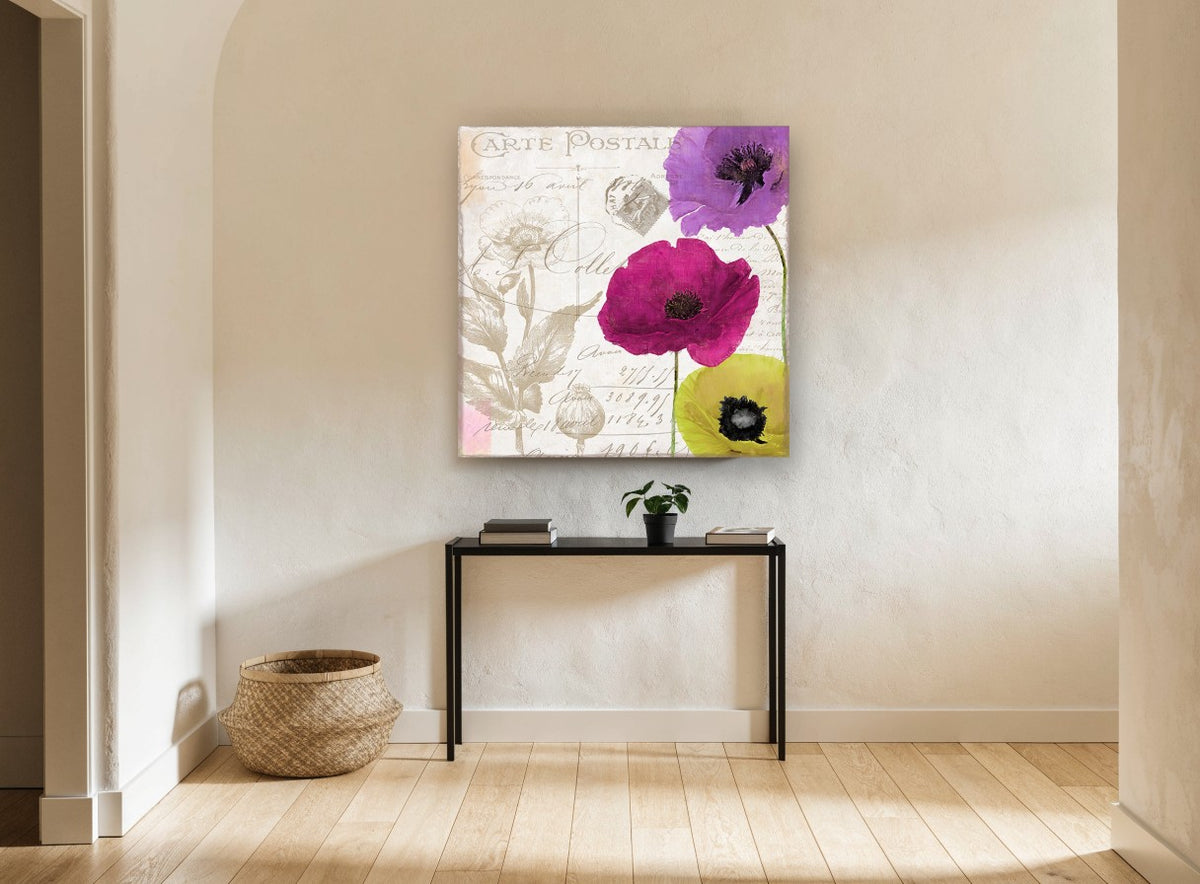 Poppy Love Notes vintage canvas print on the wall of a hallway