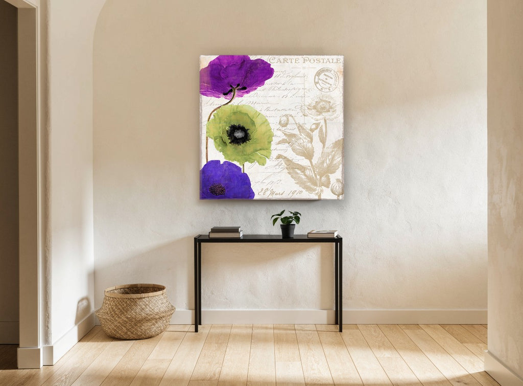 Poppy Carte Postale vintage canvas print on the wall of a hallway