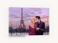 Rose Under Paris Dusk, eiffel tower couple at dusk illustration, city canvas wall art print ready to hang