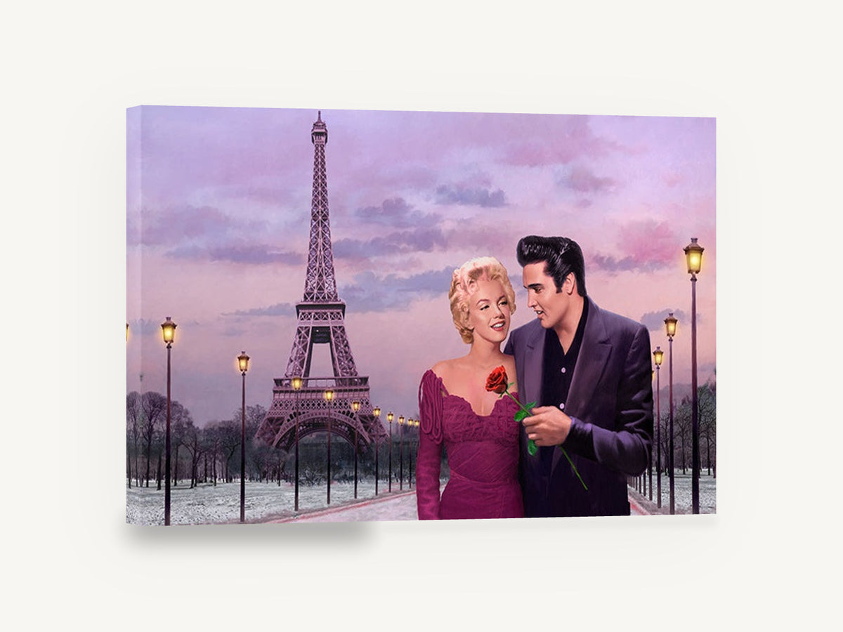 Rose Under Paris Dusk, eiffel tower couple at dusk illustration, city canvas wall art print ready to hang
