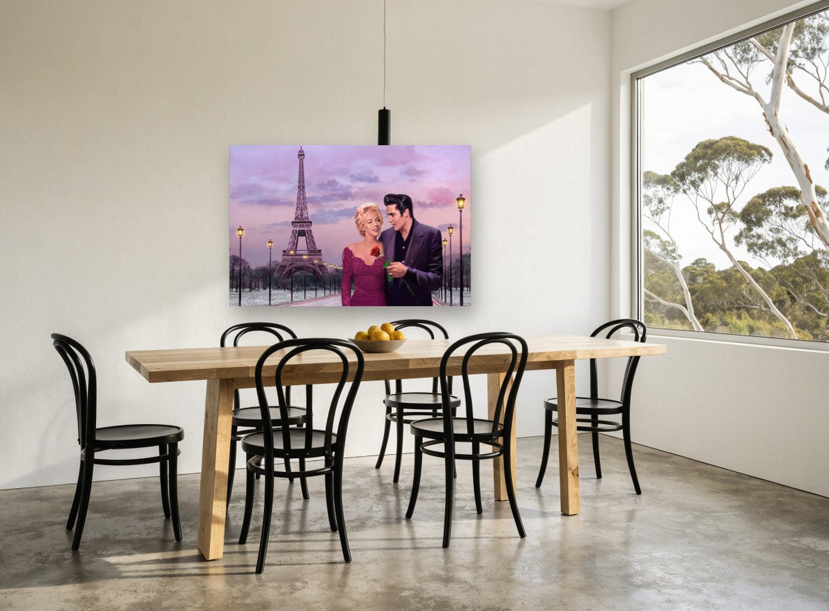 Rose Under Paris Dusk city canvas print on the wall of a dining room