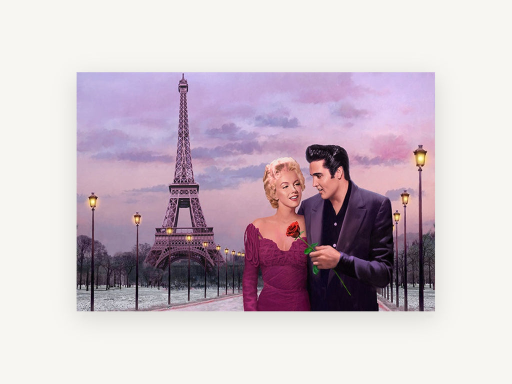 Rose Under Paris Dusk, eiffel tower couple at dusk illustration, city canvas wall art print, front view