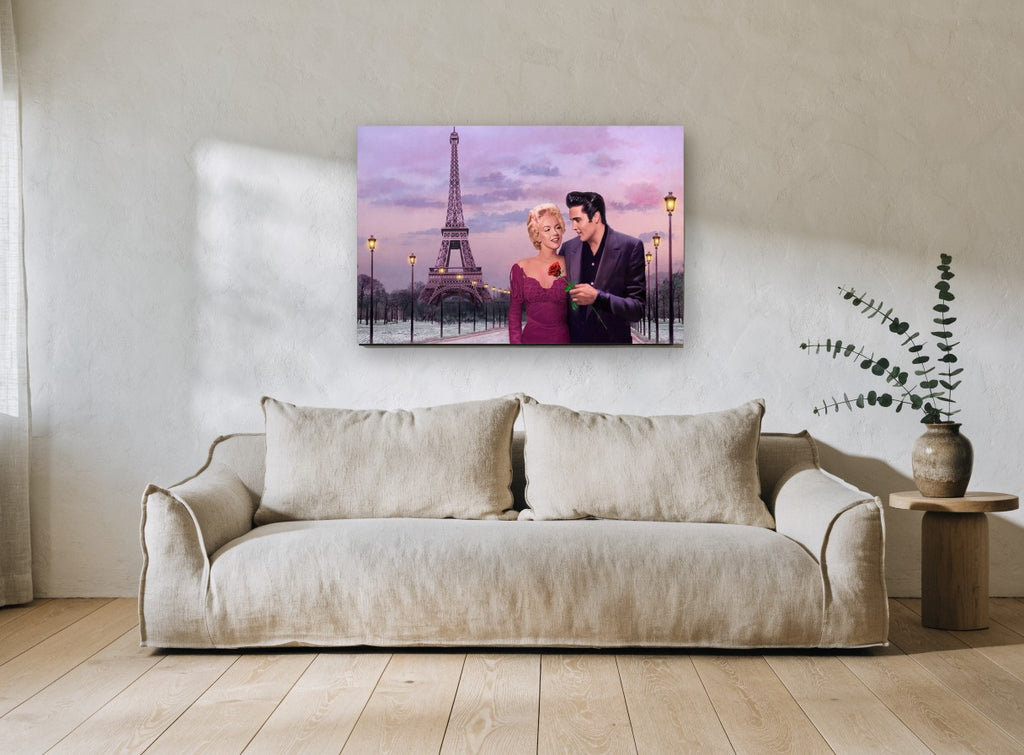 Rose Under Paris Dusk city canvas print on the wall of a living room