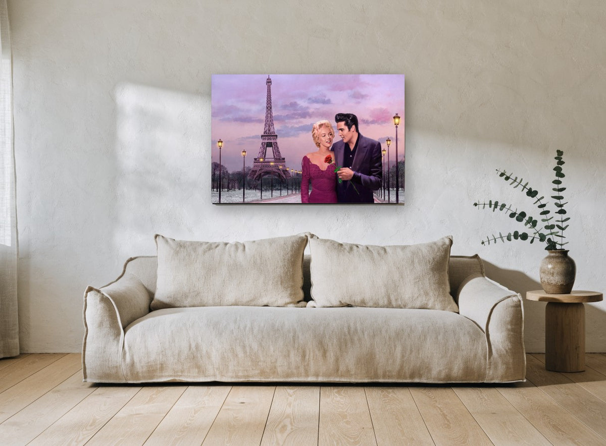 Rose Under Paris Dusk city canvas print on the wall of a living room