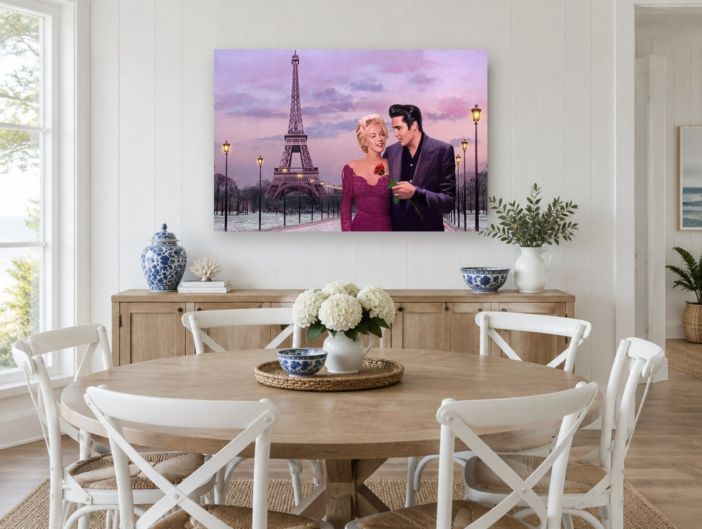 Rose Under Paris Dusk city canvas print on the wall of a Hamptons dining room