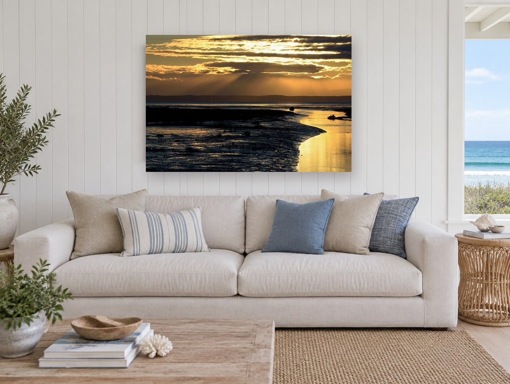 Golden Tidal Flats coastal canvas print on the wall of a beach house living room