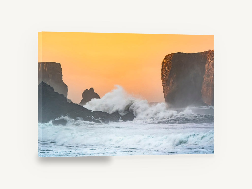 Sunset Spray Cliffs, crashing wave sea stacks sunset photograph, coastal canvas wall art print ready to hang