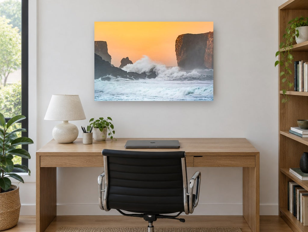 Sunset Spray Cliffs coastal canvas print on the wall of a study