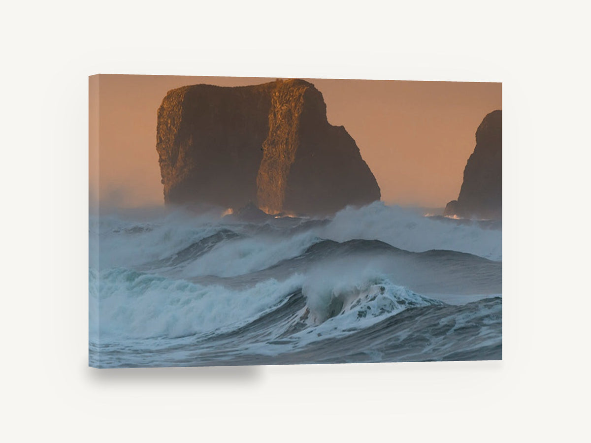 Sea Stacks at Dusk, sea stacks crashing waves photograph, coastal canvas wall art print ready to hang