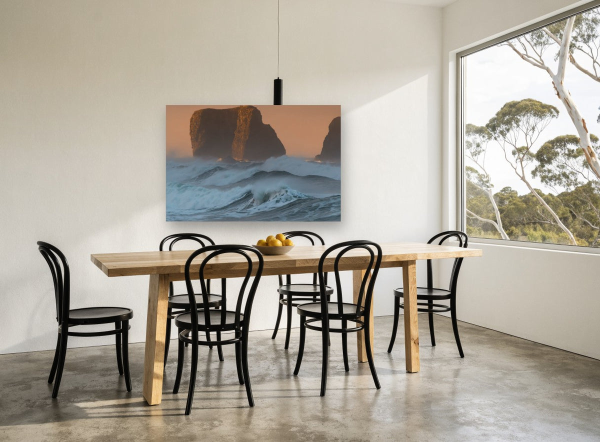 Sea Stacks at Dusk coastal canvas print on the wall of a dining room