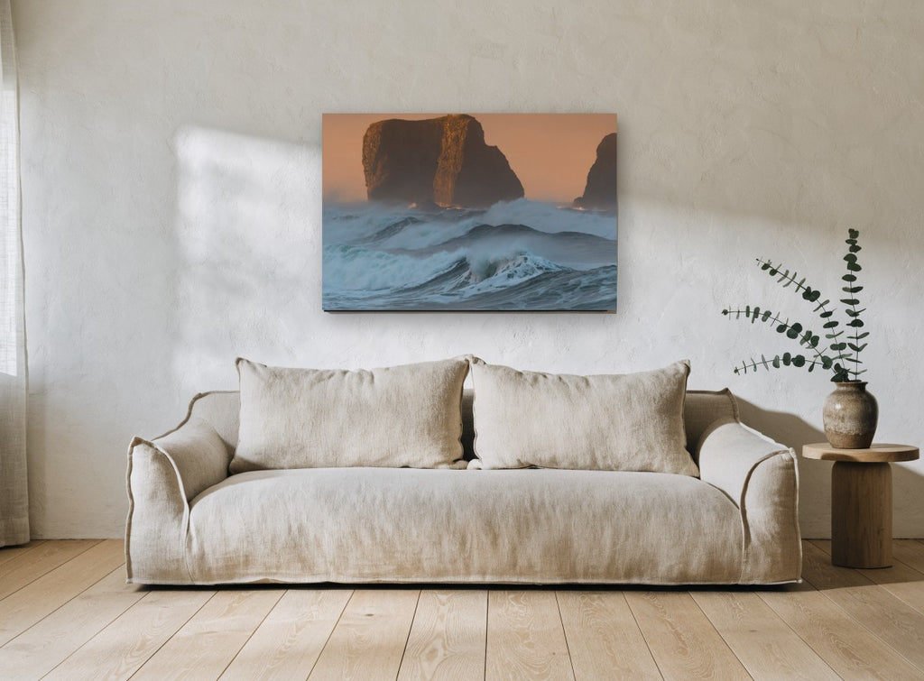Sea Stacks at Dusk coastal canvas print on the wall of a living room