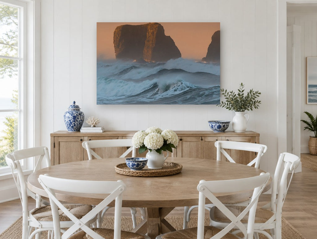 Sea Stacks at Dusk coastal canvas print on the wall of a Hamptons dining room