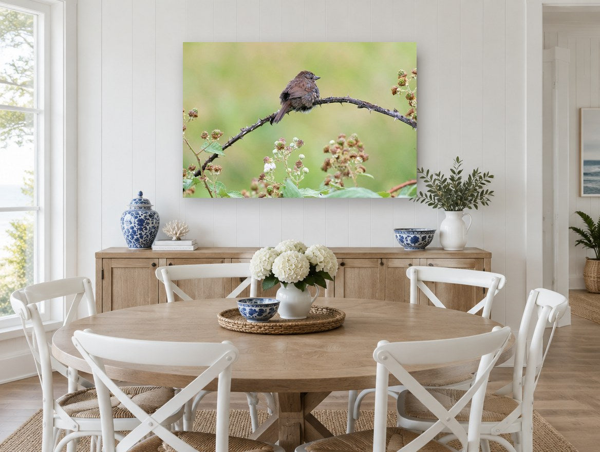 Sparrow on Bramble floral canvas print on the wall of a Hamptons dining room