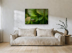 Frog in the Pitcher floral canvas print on the wall of a living room