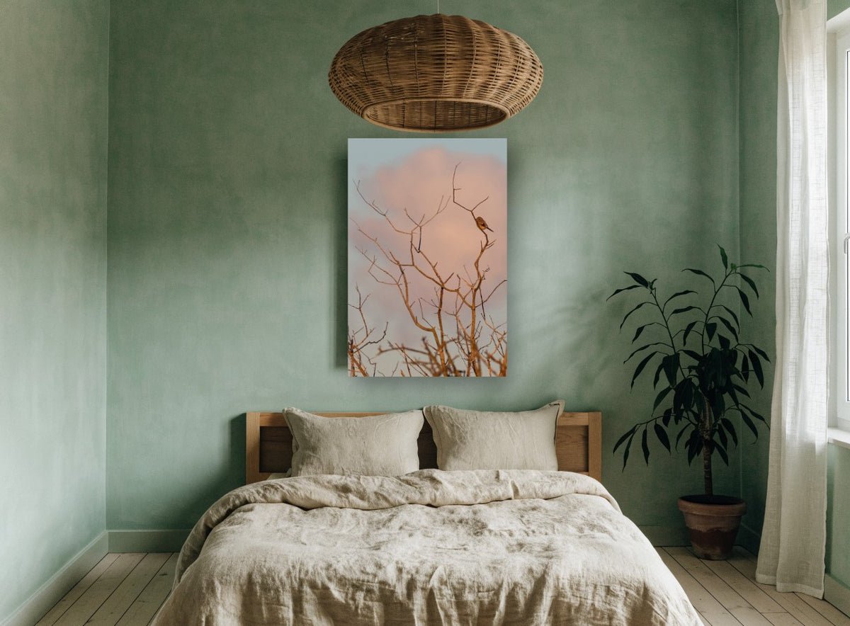 Dawn Perch floral canvas print on the wall of a bedroom