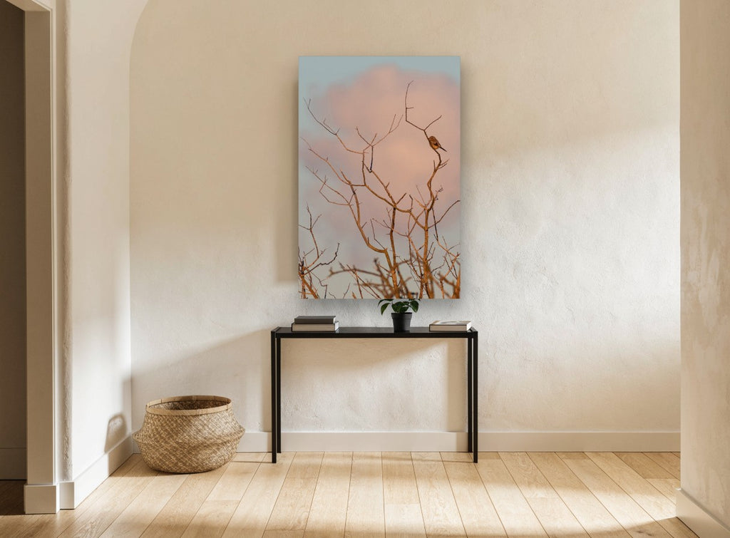 Dawn Perch floral canvas print on the wall of a hallway
