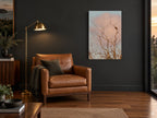 Dawn Perch floral canvas print on the wall of a charcoal living room