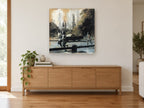 Park Drive Runners vintage canvas print on the wall of a living room above a sideboard
