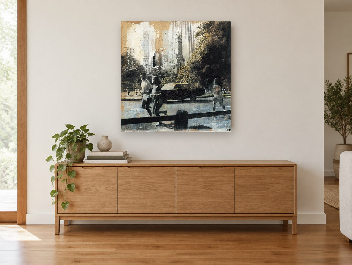 Park Drive Runners vintage canvas print on the wall of a living room above a sideboard
