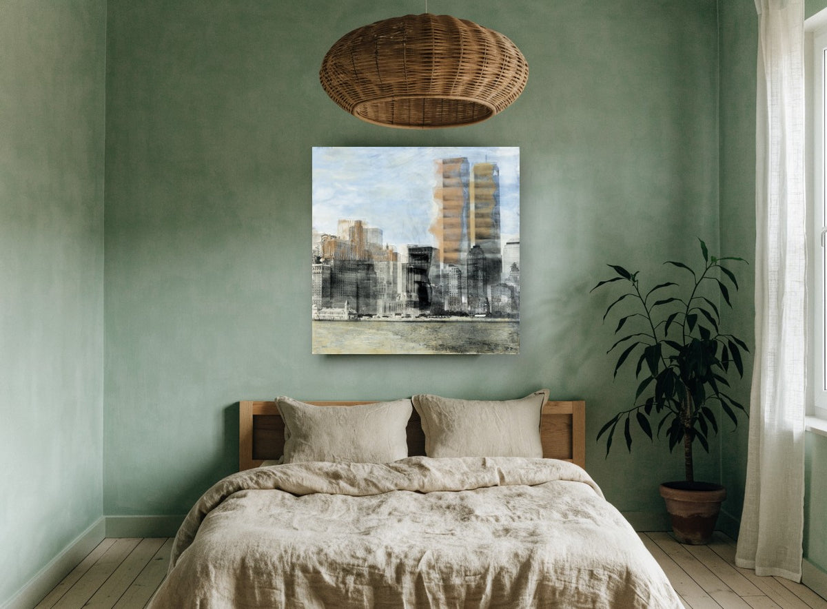 Lower Manhattan Haze city canvas print on the wall of a bedroom