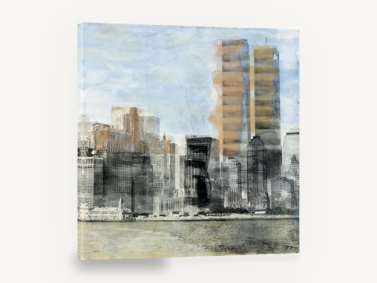 Lower Manhattan Haze, lower manhattan skyline mixed media, city canvas wall art print ready to hang