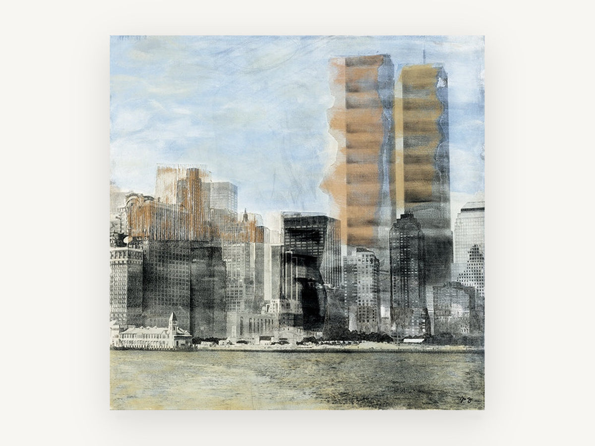 Lower Manhattan Haze, lower manhattan skyline mixed media, city canvas wall art print, front view