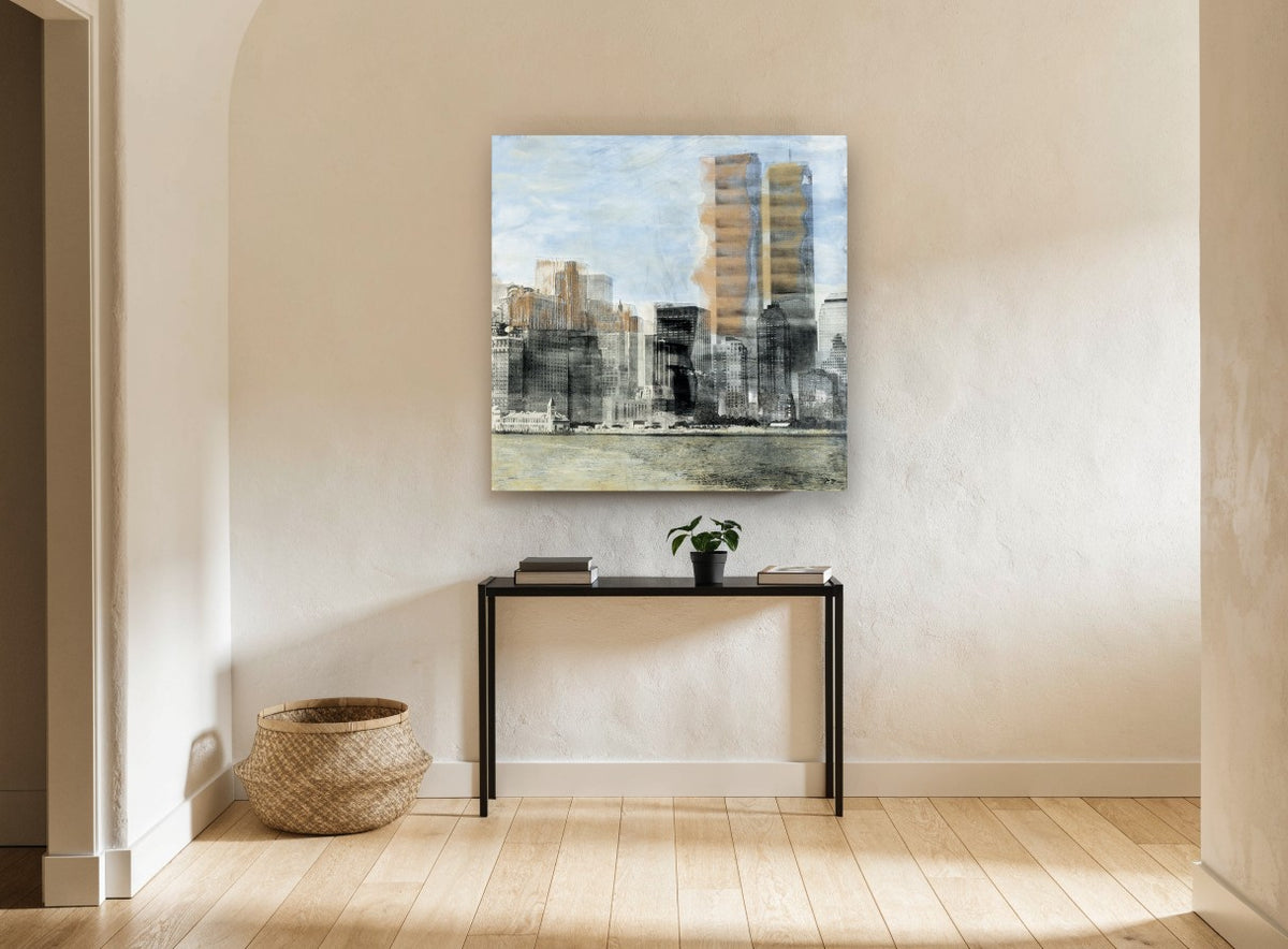 Lower Manhattan Haze city canvas print on the wall of a hallway