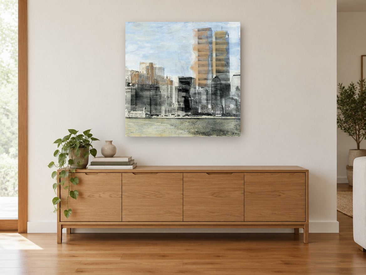 Lower Manhattan Haze city canvas print on the wall of a living room above a sideboard