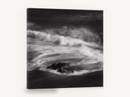 Rock in Swirling Surf, black and white wave rock photograph, coastal canvas wall art print ready to hang