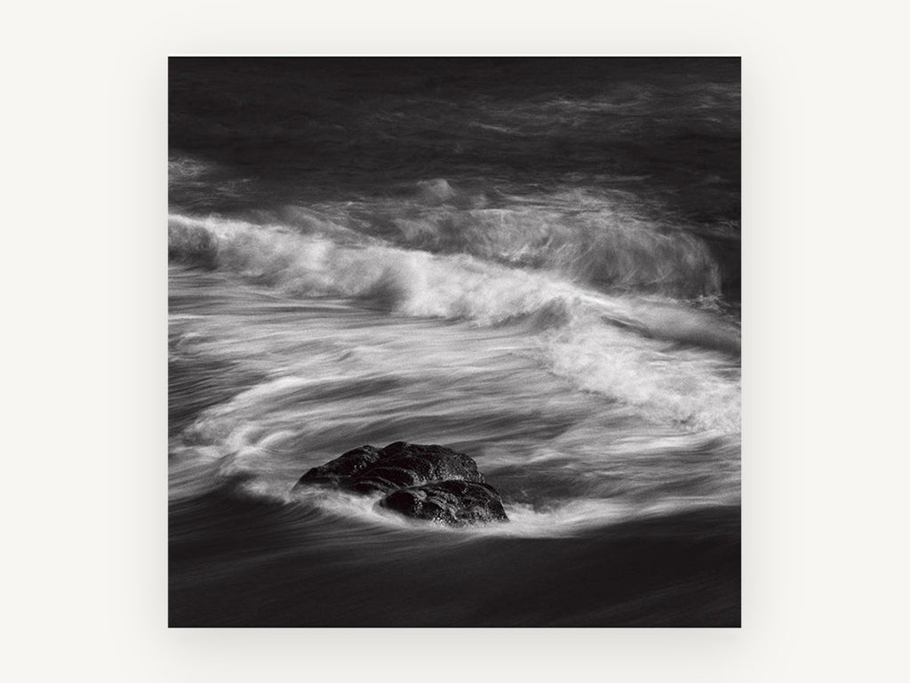 Rock in Swirling Surf, coastal canvas wall art print, front view