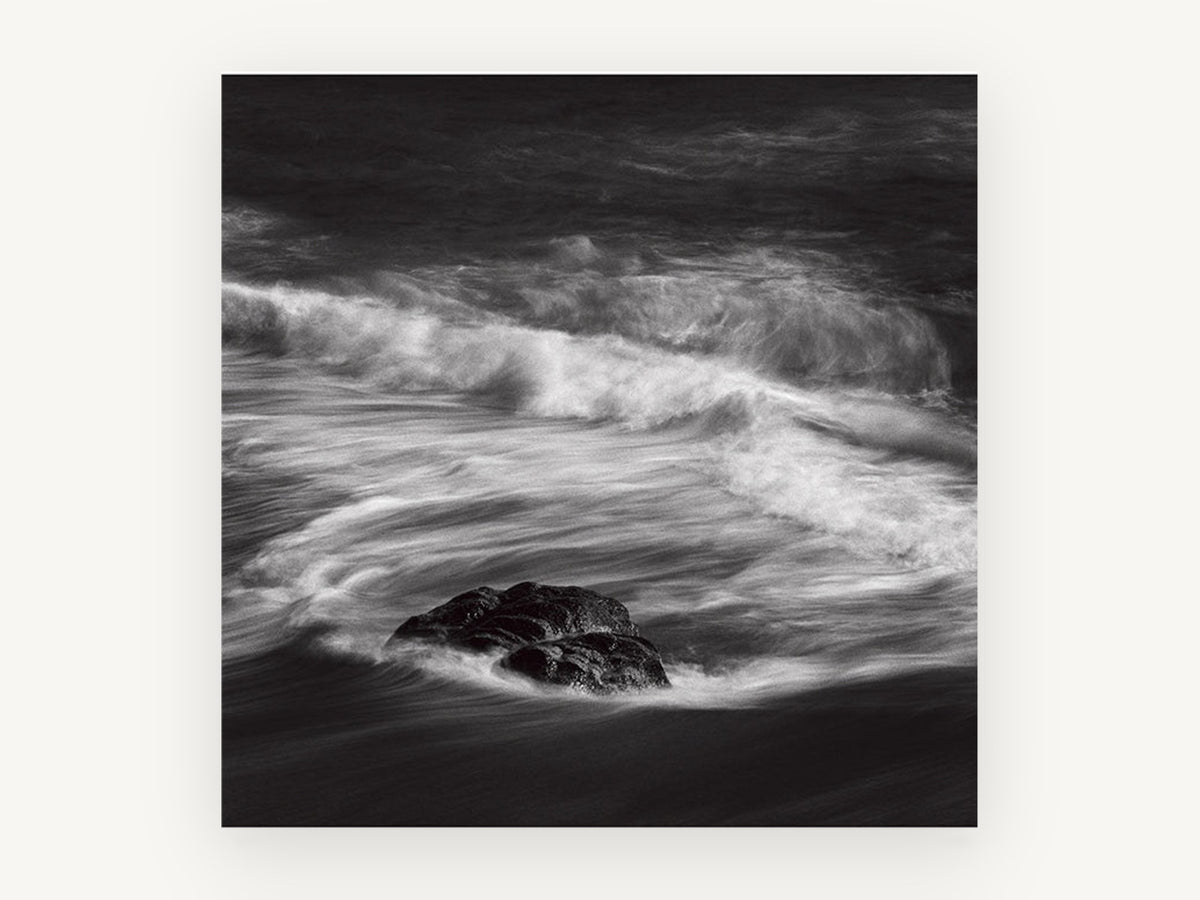 Rock in Swirling Surf, coastal canvas wall art print, front view
